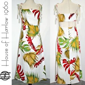House of Harlow 1960 Linen Tropical Print Dress Red Green Yellow Bead Tassels
